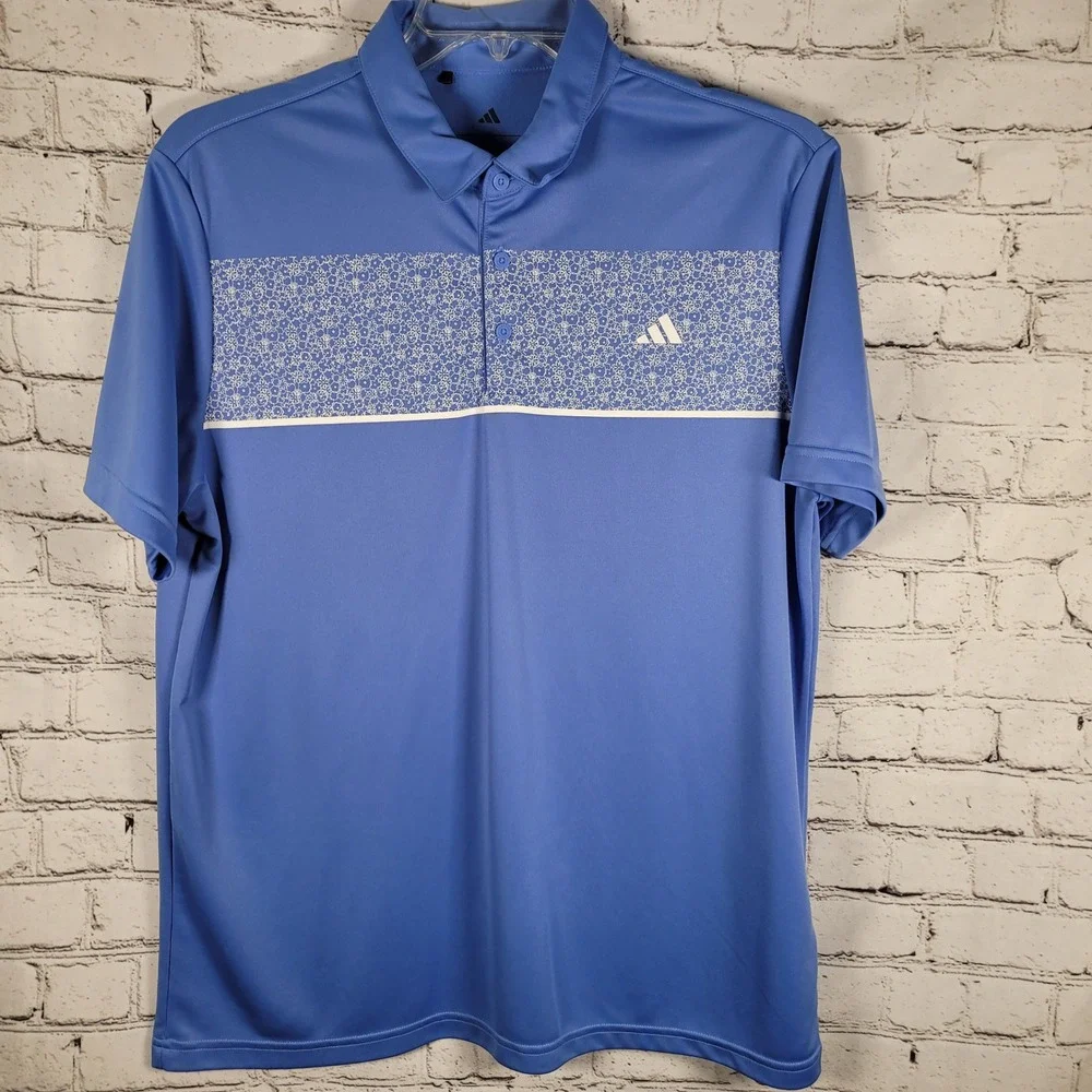 adidas Golf Polo Mens‎ Large Blue Excellent Floral Chest Print KD9363